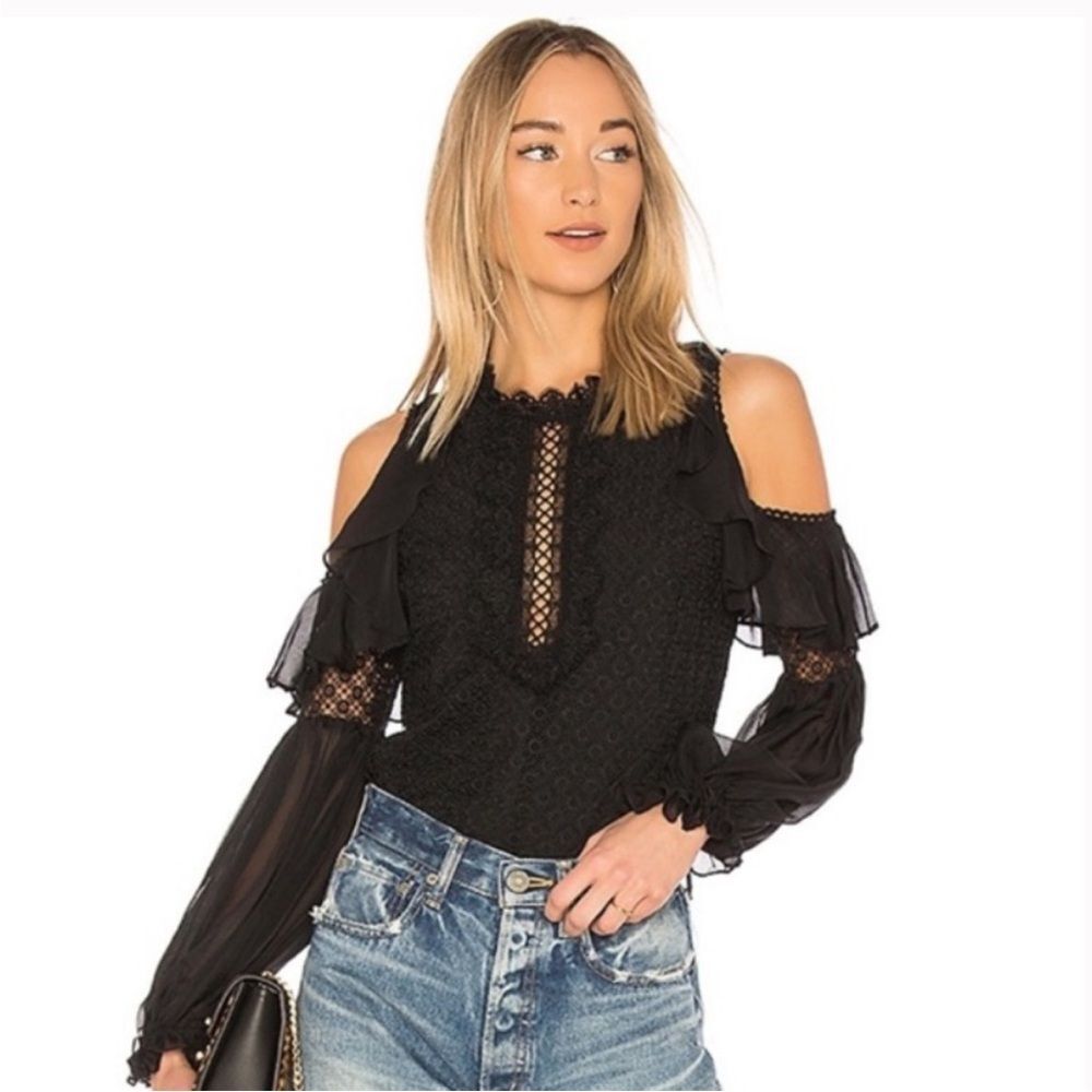 Amur Pandora black lace cold shoulder blouse XS‎